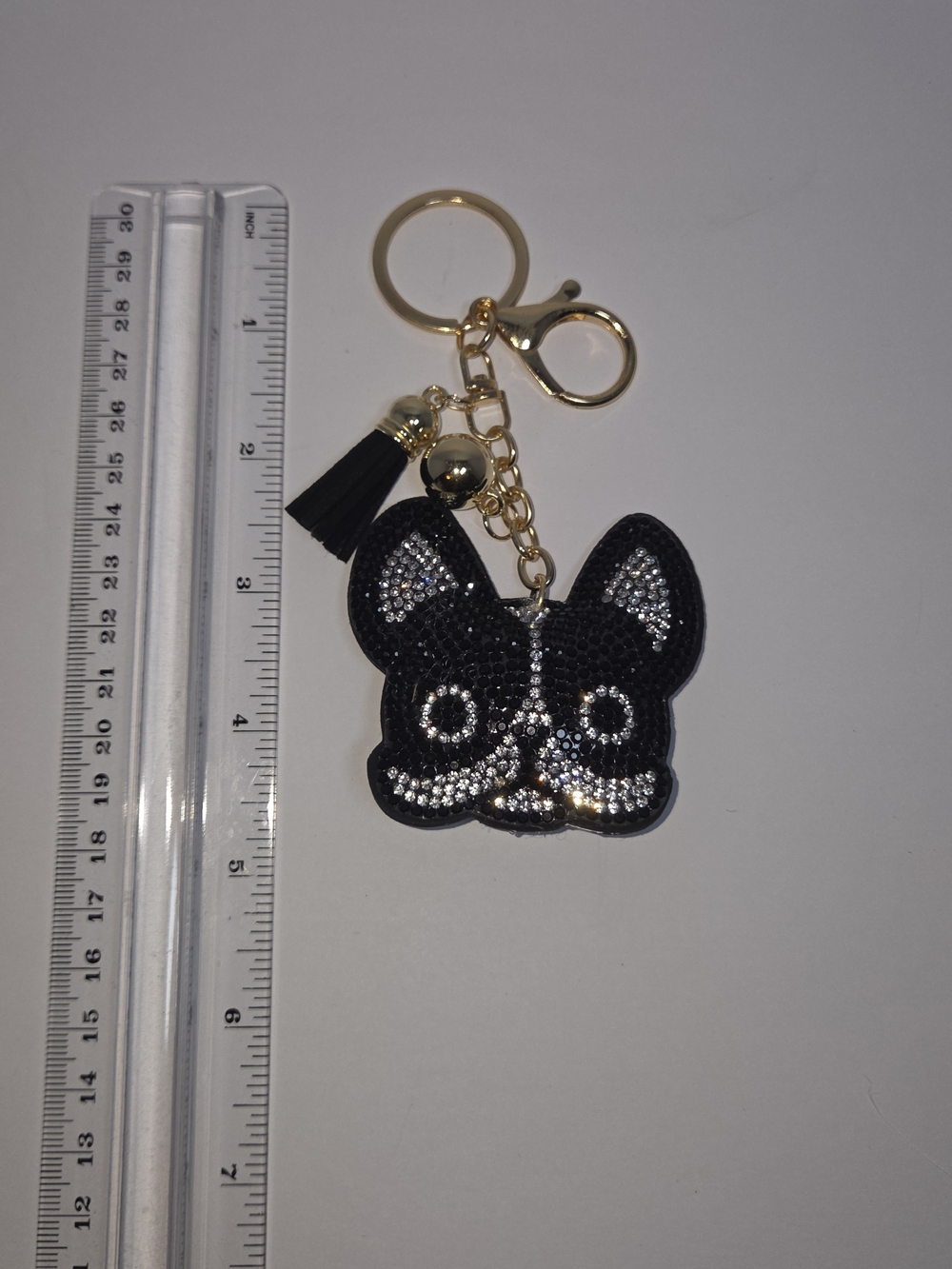 Sparkling Black Frenchie  Dog Face Keychain with Gold Hardware